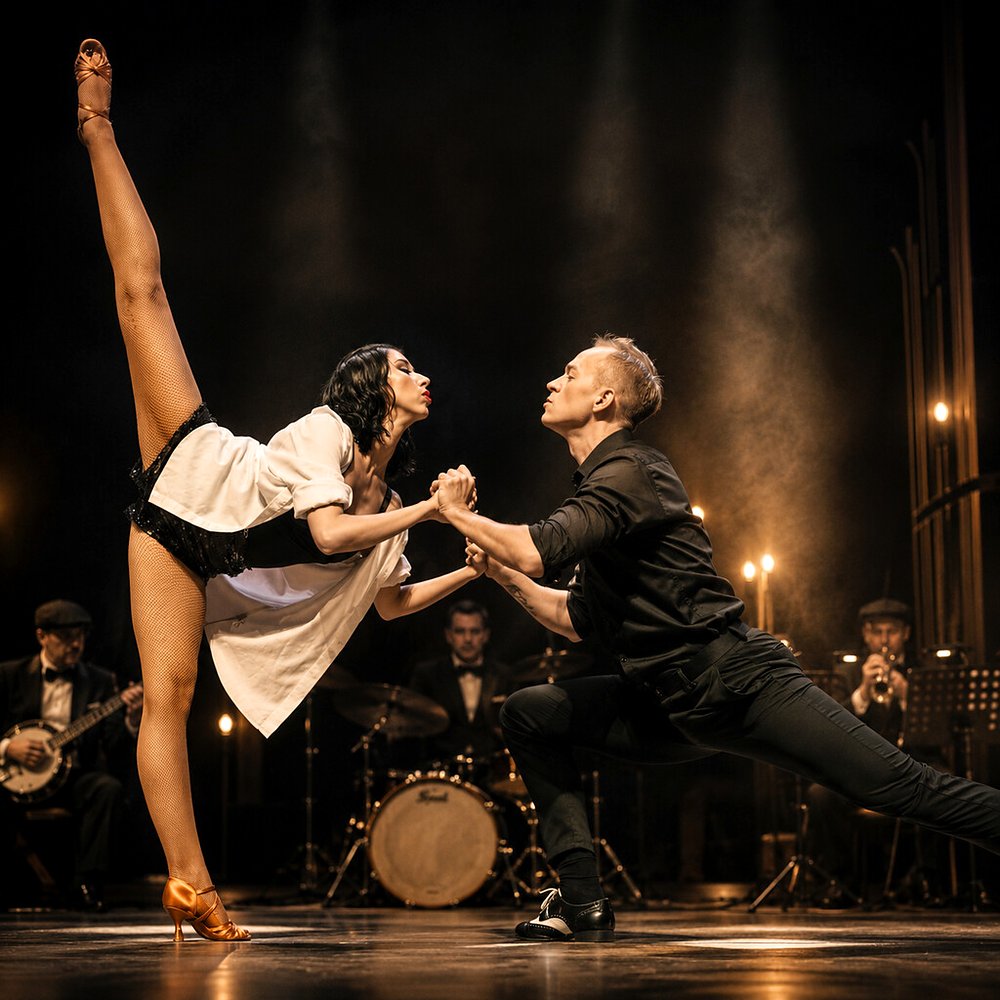 Bodo – lata 20. – tancerka w wysokim wymachu nogi w duecie przy orkiestrze, Shine Show Art Agency